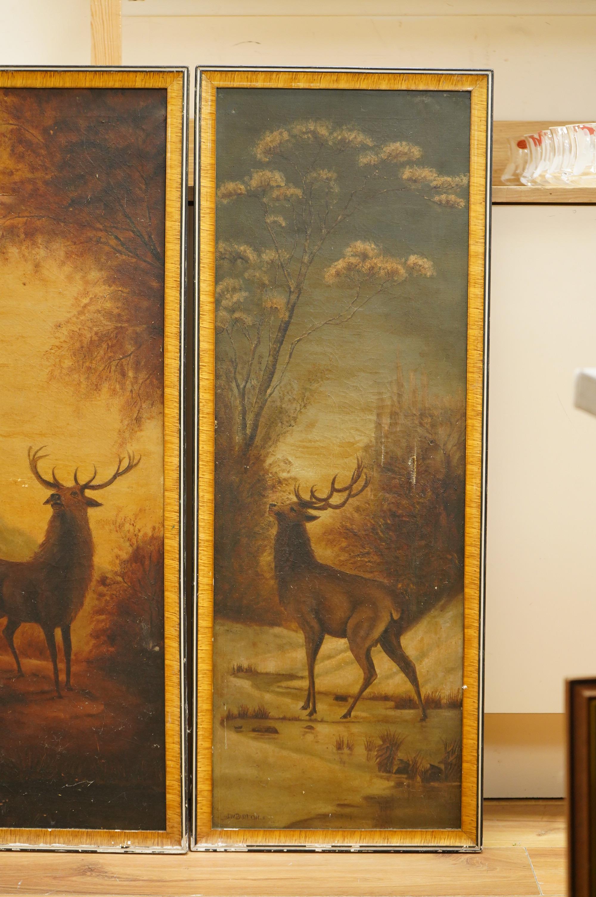 J W Barton, Stags before a landscape, pair of early 20th century oils on canvas, 92 x 31cm